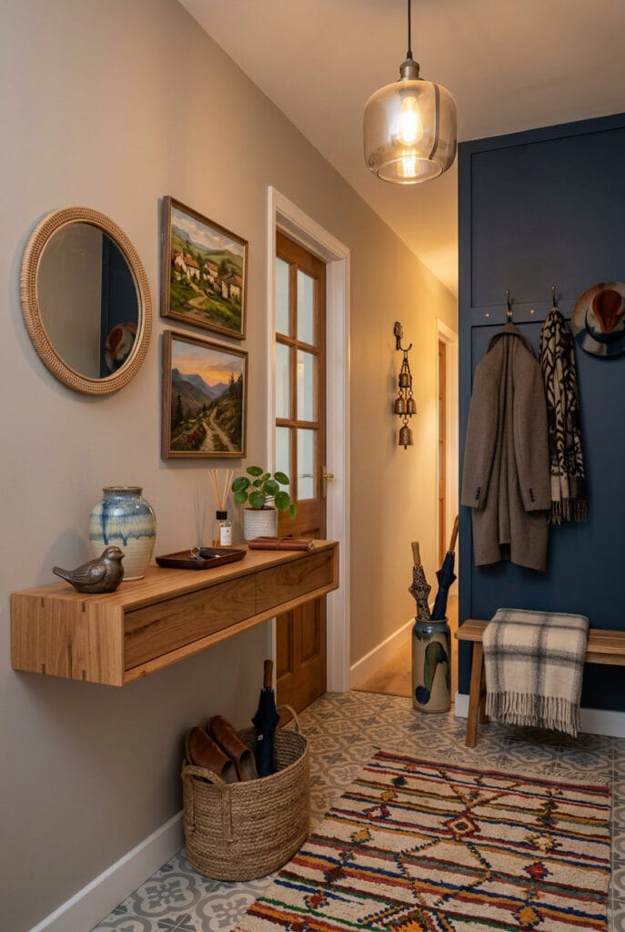 Décoration appartement avec poterie artisanale tapis tissé main et plaid laine mérinos sur étagère et console pour un intérieur authentique