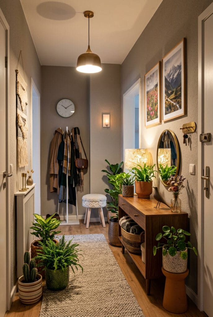 Pots de fleurs décoratifs colorés et plantes variées dans une décoration appartement élégante et naturelle