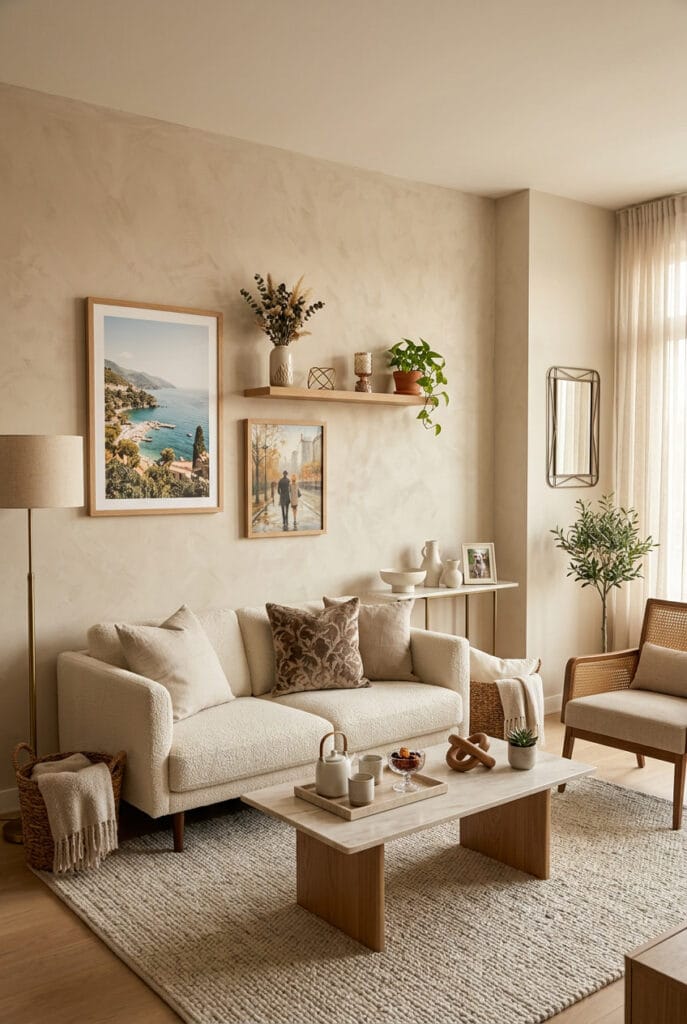 Mur texturé avec cadres décoratifs, étagères murales et œuvres d’art dans une décoration appartement élégante.