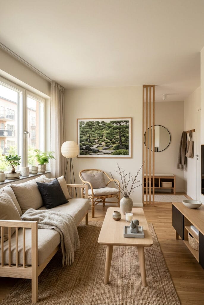 Décoration appartement Japandi avec formes simples matériaux naturels couleurs neutres et nuances foncées pour un intérieur moderne