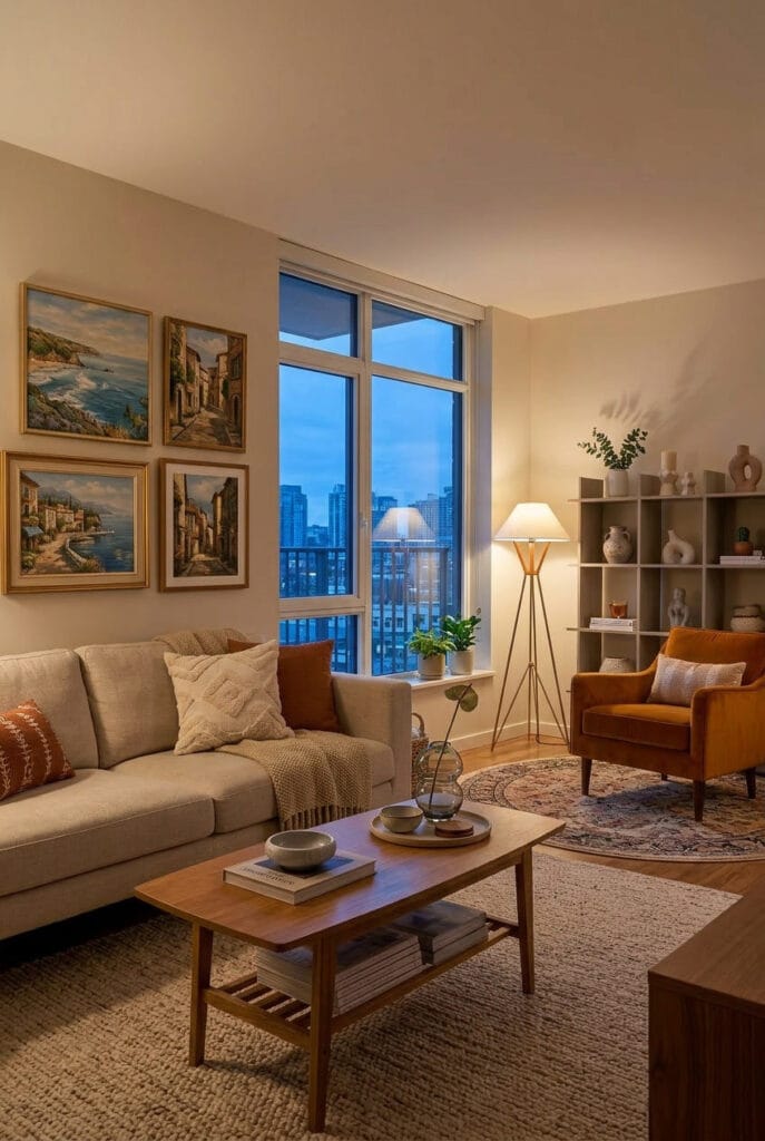 Salon bien organisé avec espaces définis et mobilier fonctionnel dans une décoration appartement moderne.