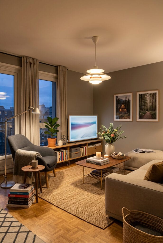 Meubles multifonctions et rangements décoratifs intégrés dans une décoration appartement organisée.