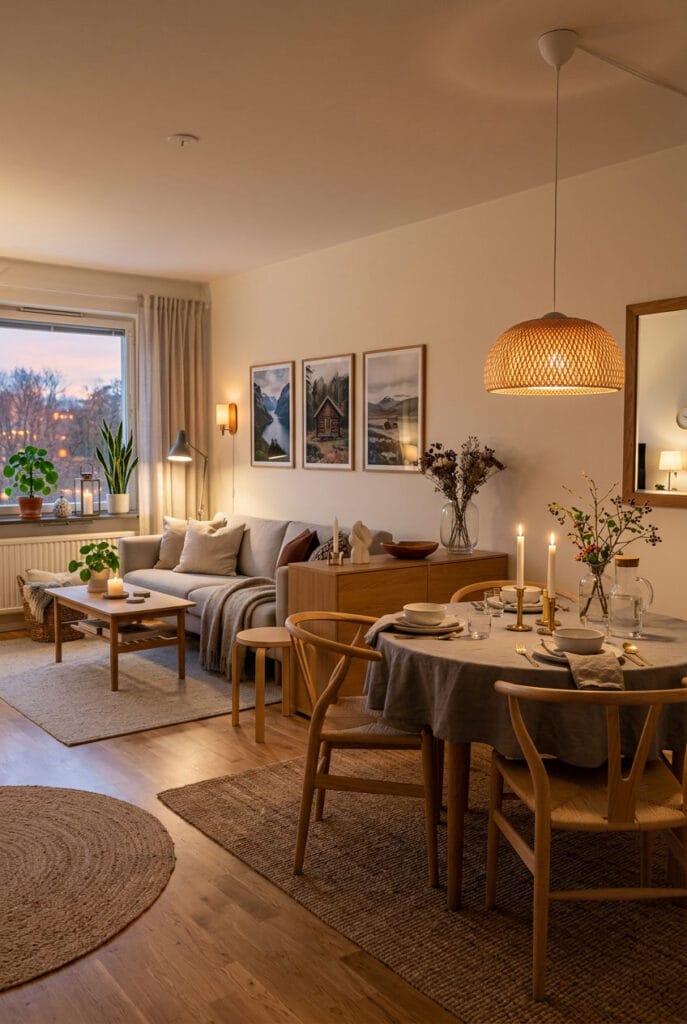 Décoration appartement scandinave avec tons clairs meubles fonctionnels accessoires chaleureux et lumière naturelle valorisée