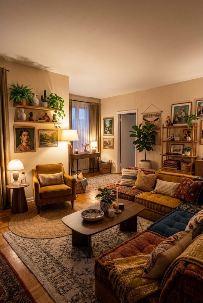 Décoration appartement bohème avec motifs colorés objets vintage et textiles variés pour une ambiance éclectique et chaleureuse