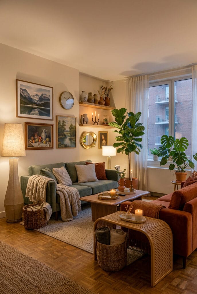 Décoration appartement cosy avec parquet chaleureux meubles en chêne et étagères en pin pour une ambiance authentique