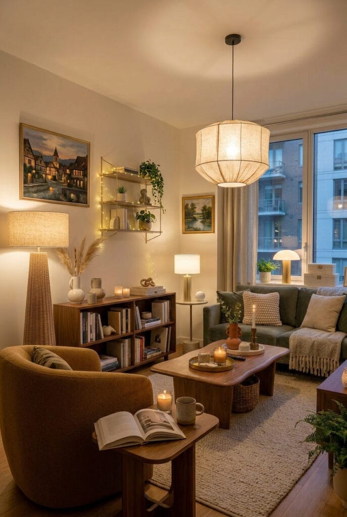Décoration appartement cosy avec lampes à abat-jour en tissu et guirlandes lumineuses diffusant une lumière tamisée et chaleureuse