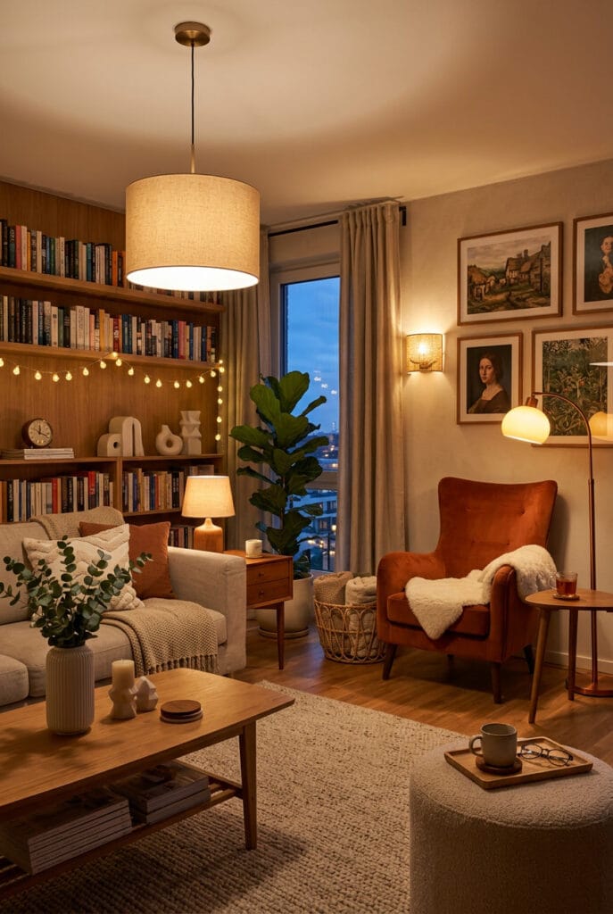 Décoration appartement cosy avec suspension centrale lampes de table et appliques murales pour un éclairage doux et sans ombres