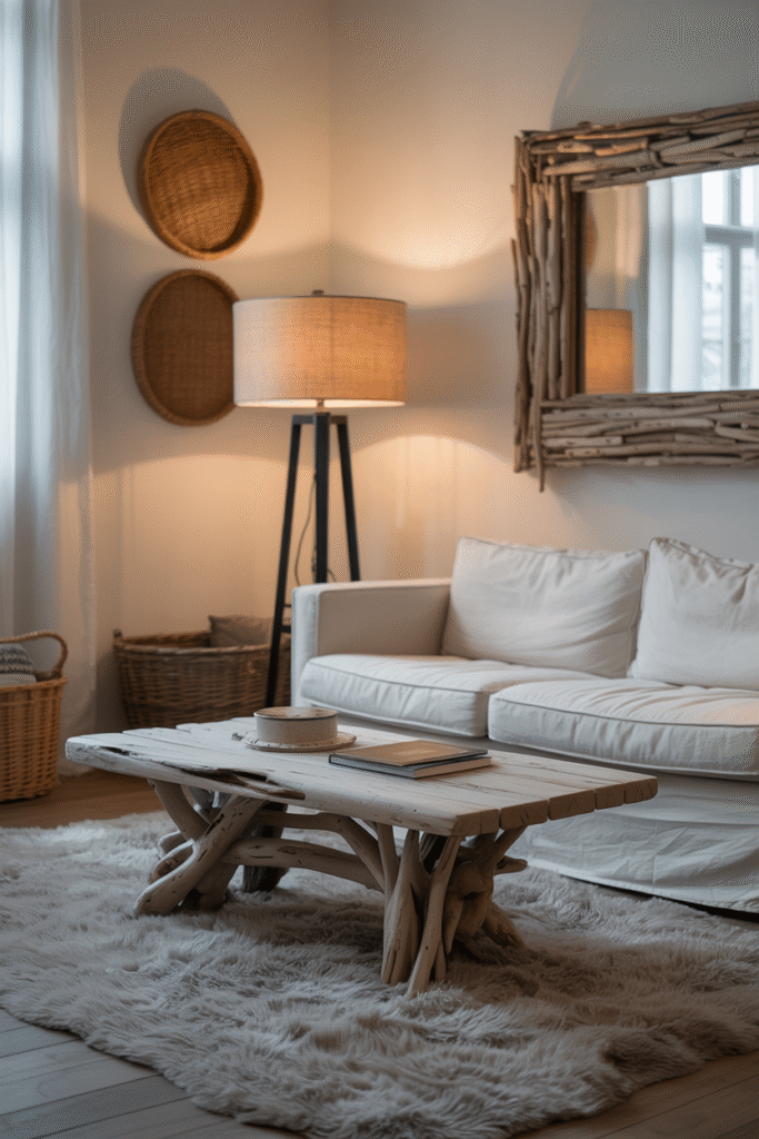 décoration bois flotté dans un salon scandinave cosy avec table basse en bois flotté, textiles doux et éclairage tamisé