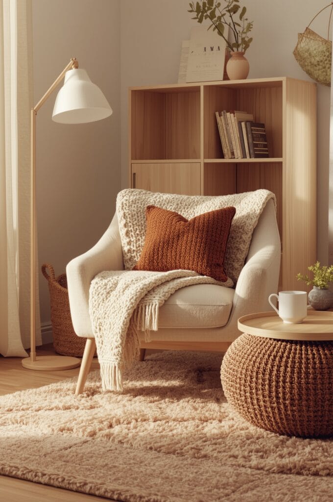hygge interieur cosy avec fauteuil moelleux, plaid en laine, table basse en bois brut et éclairage chaleureux