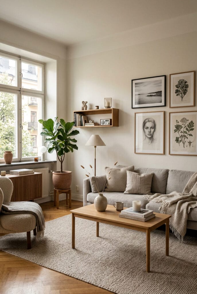 Intérieur minimaliste hygge avec vase en céramique et lignes épurées