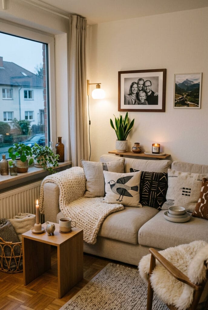 Objets artisanaux hygge : bougie parfumée, plante verte et pièce faite main