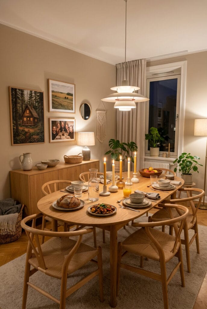 Dîner convivial hygge entre amis avec bougies et ambiance chaleureuse