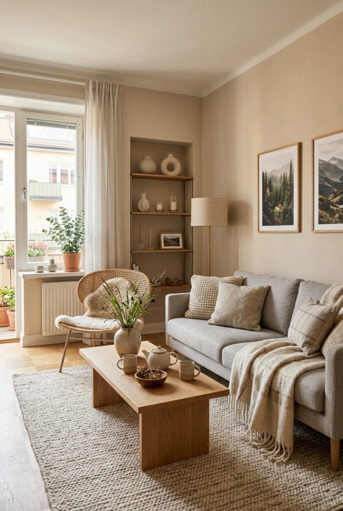 Salon hygge cosy avec plaid moelleux, coussins en laine et tapis douillet