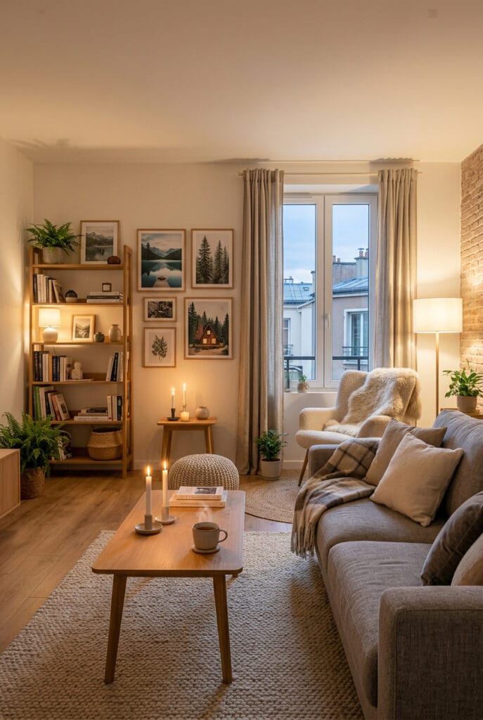 Coin lecture hygge avec bougies allumées, lumière tamisée et tasse de thé fumante