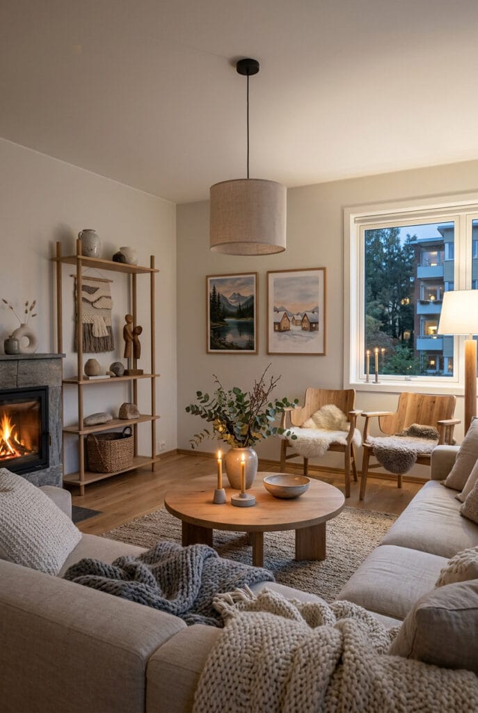Matériaux naturels hygge : bois brut, laine, lin et coton pour une déco chaleureuse
