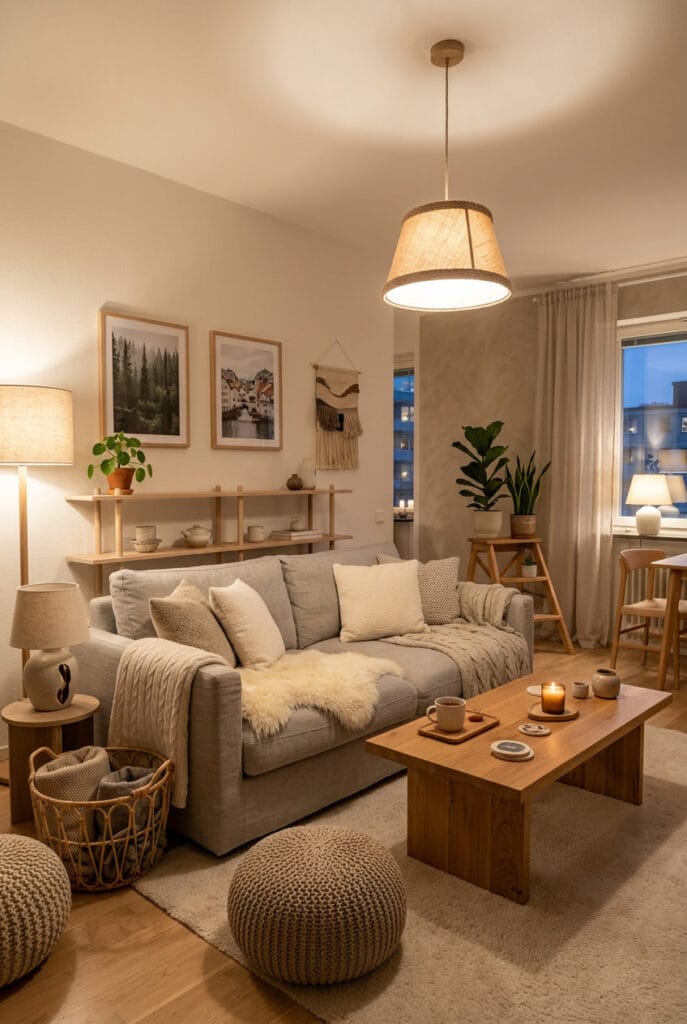 Meubles hygge : canapé cosy, table basse en bois massif et étagères minimalistes