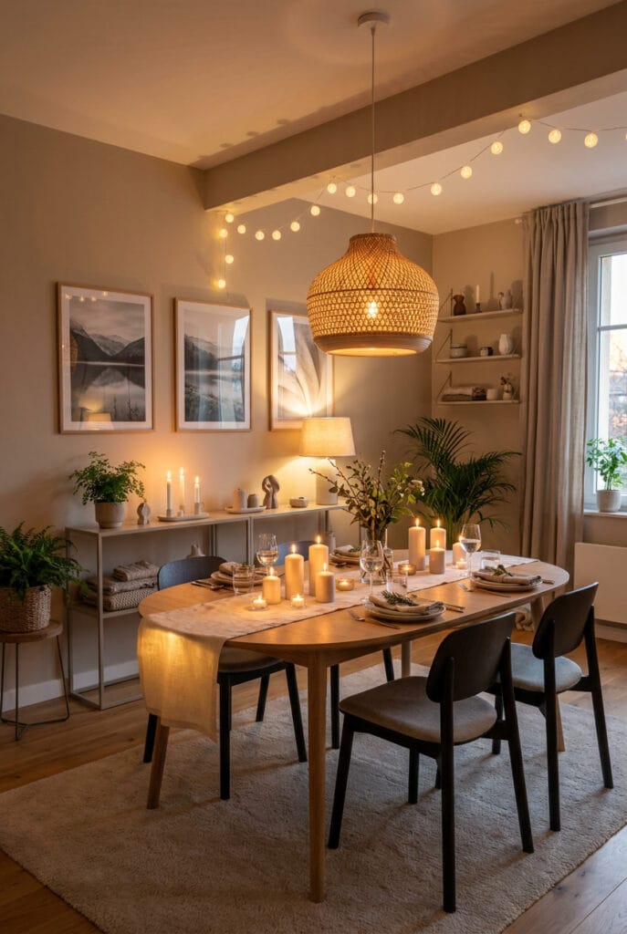 Lumière tamisée hygge avec lampes à poser, guirlandes lumineuses et bougies