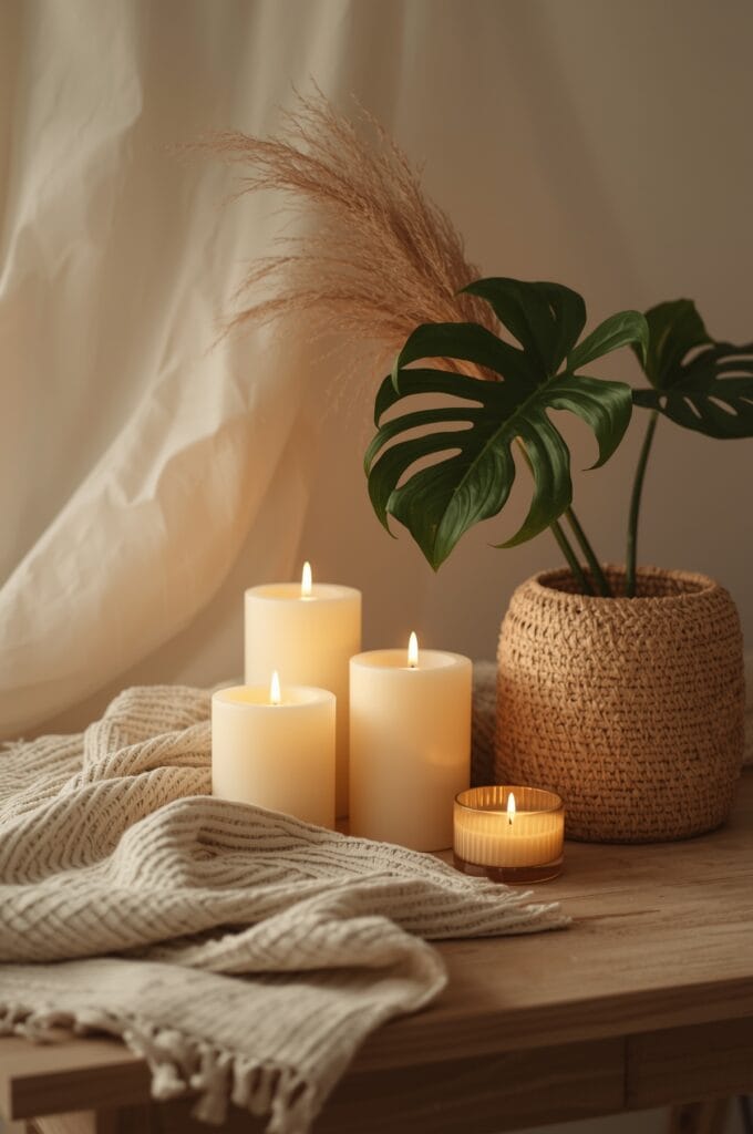 hygge details avec bougies, vase artisanal et panier en fibre naturelle