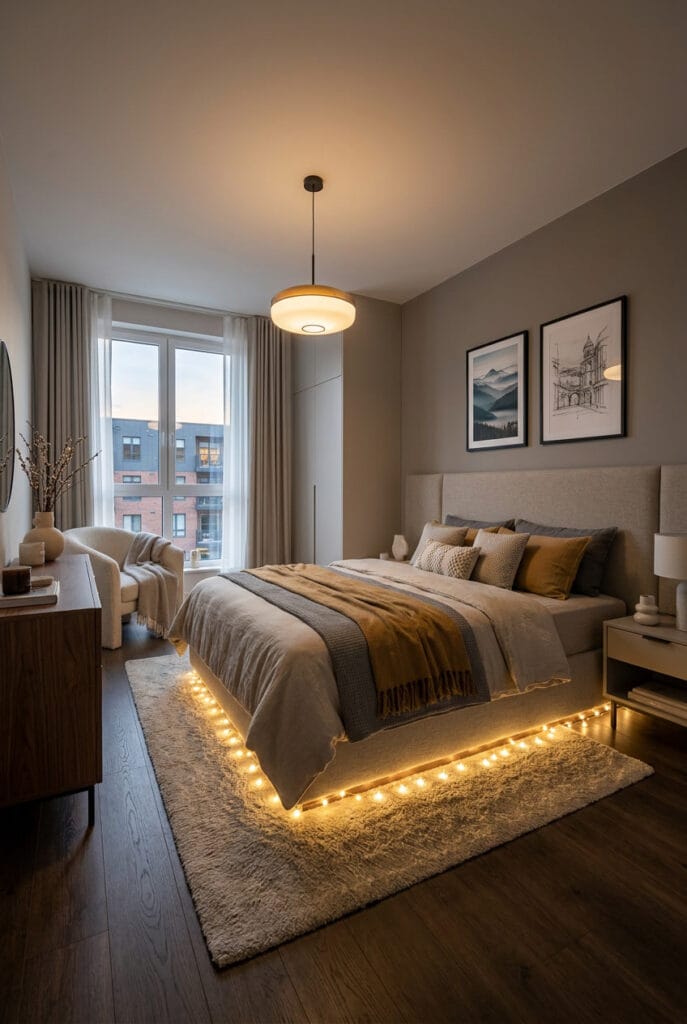 Idée déco chambre avec guirlandes lumineuses installées sous le lit