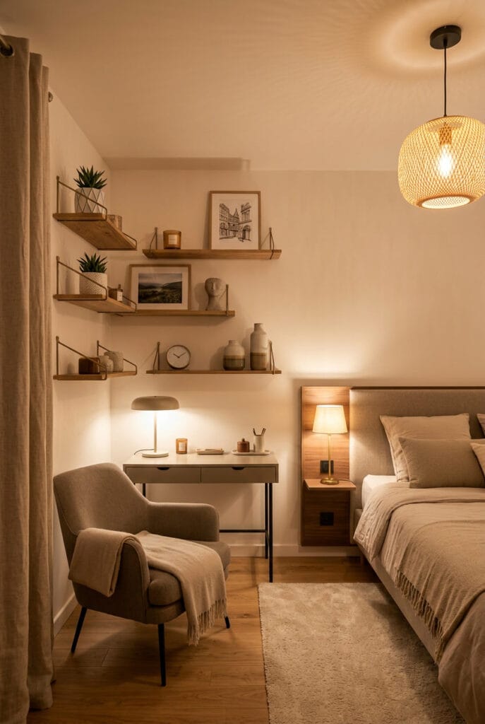 Idée déco chambre avec étagères murales pour exposer des objets déco