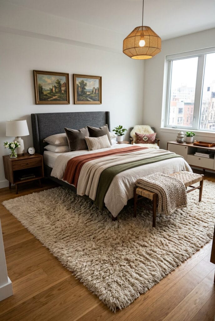 Idée déco chambre avec tapis épais au sol pour plus de confort