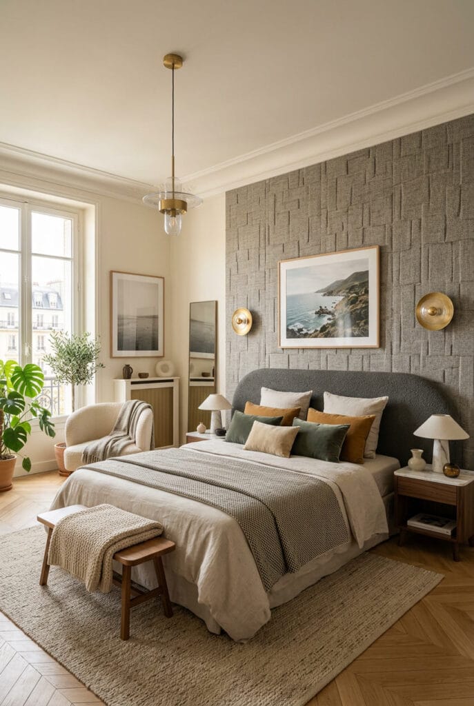 Idée déco chambre avec mur d'accent en papier peint texturé