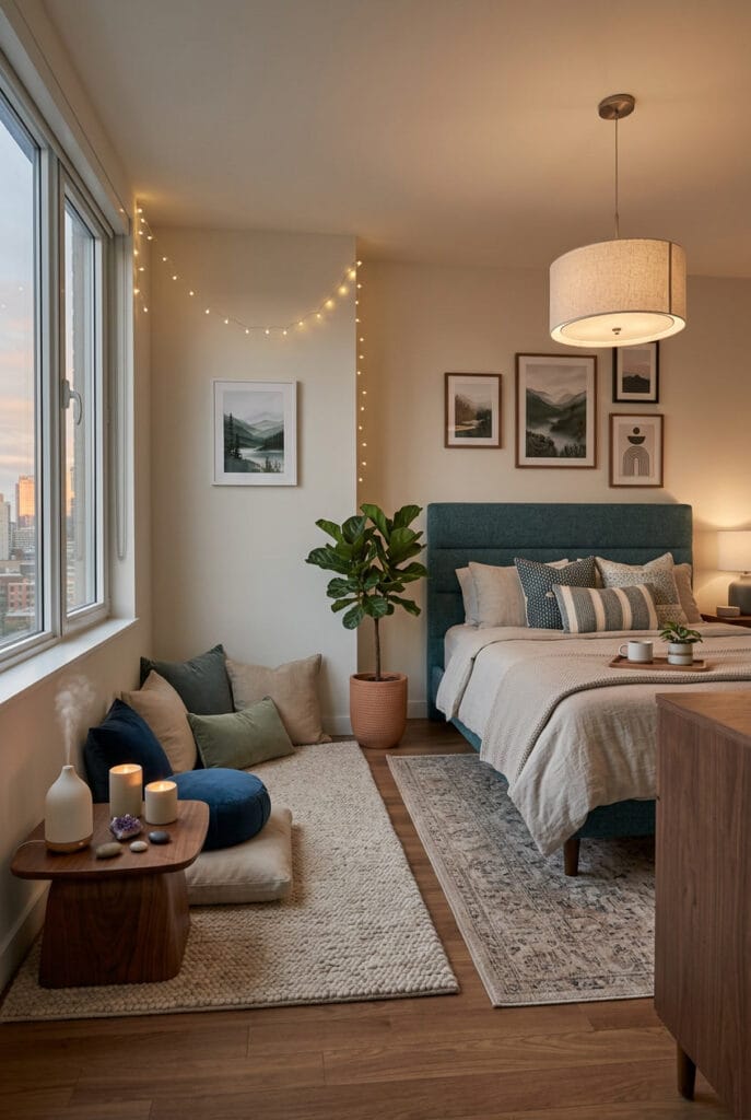 Idée déco chambre avec coin méditation et accessoires apaisants