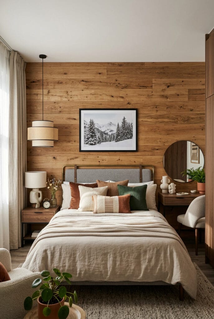 Idée déco chambre avec panneaux en bois pour ambiance chalet