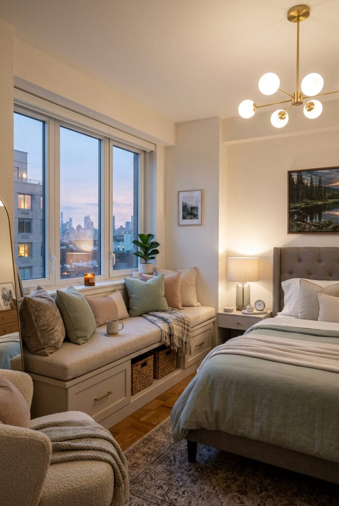 Idée déco chambre avec banquette cosy installée sous la fenêtre
