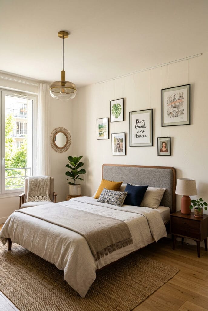 Idée déco chambre avec cadres flottants suspendus par fils invisibles