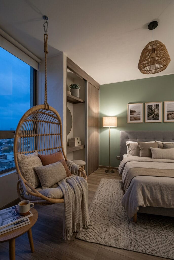 Idée déco chambre avec balancelle suspendue pour coin détente
