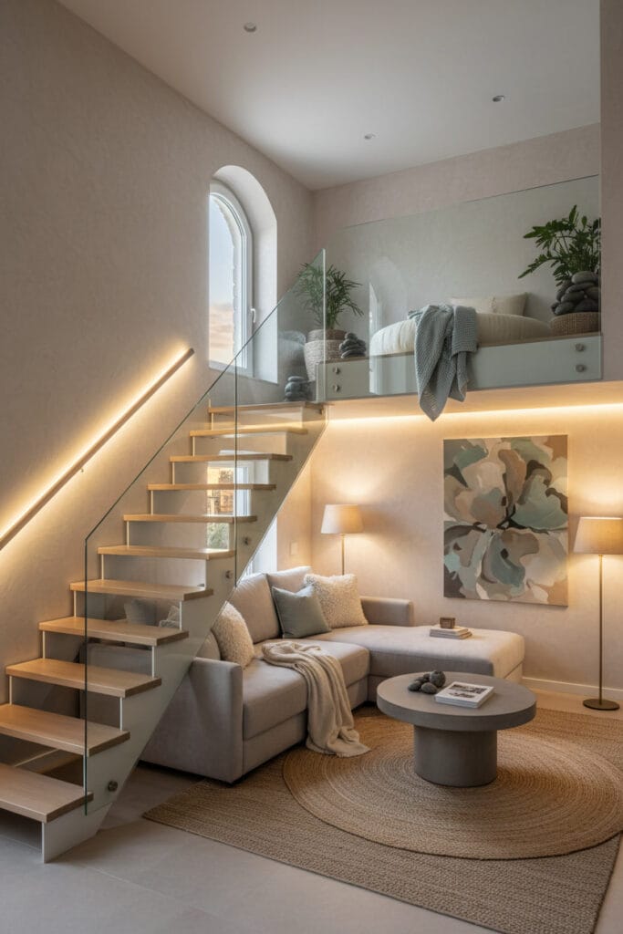 Mezzanine décorée avec des couleurs neutres et matériaux variés