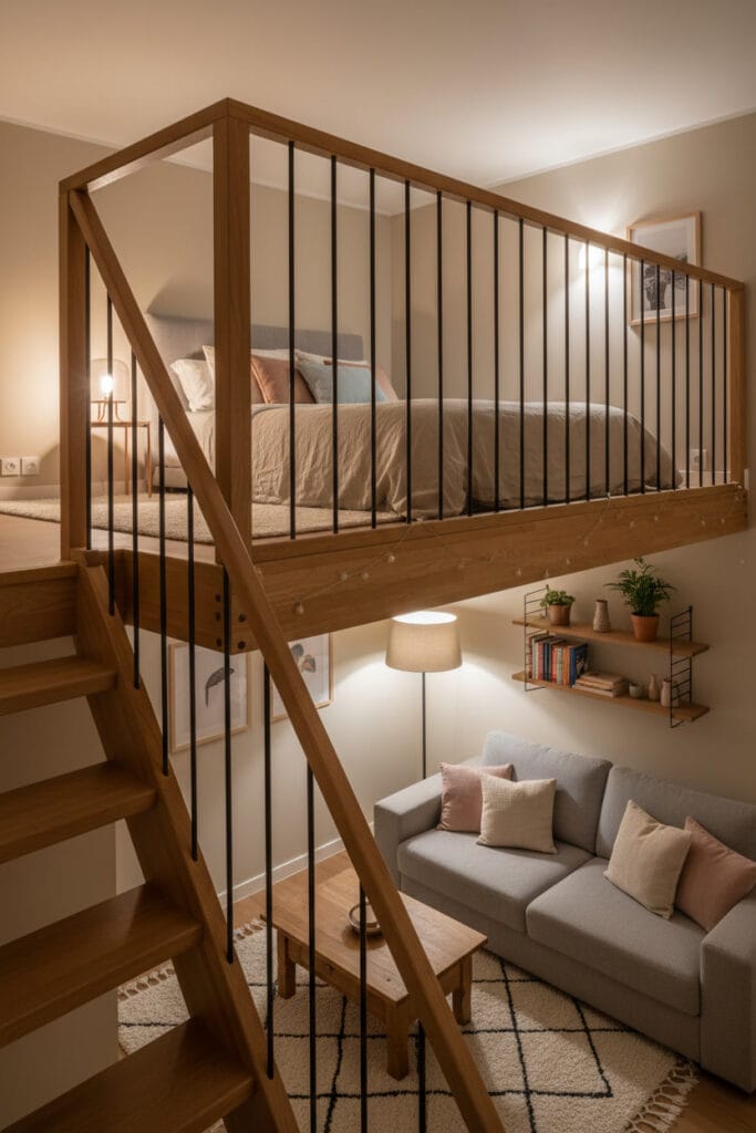 Mezzanine décorée avec bois, métal et couleurs neutres