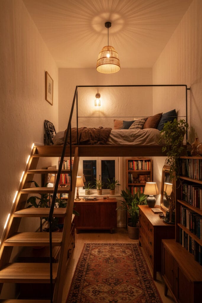 Mezzanine éclairée avec suspensions et appliques murales