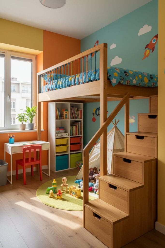 Mezzanine enfant avec lit à l’étage et espace jeu en dessous