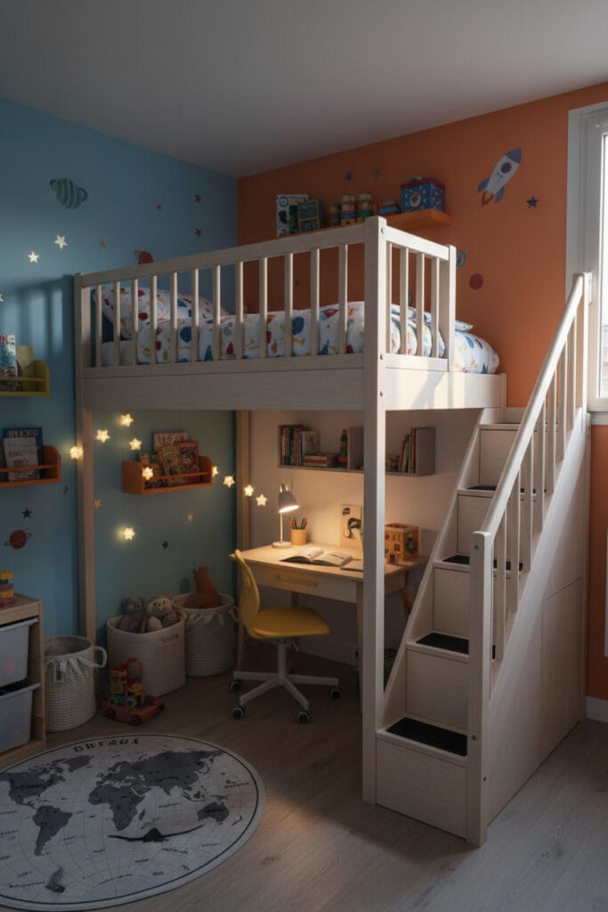 Coin mezzanine enfant avec lit, bureau et zone de jeux