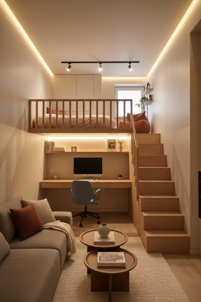 Mezzanine aménagée comme bureau ou coin détente selon les besoins