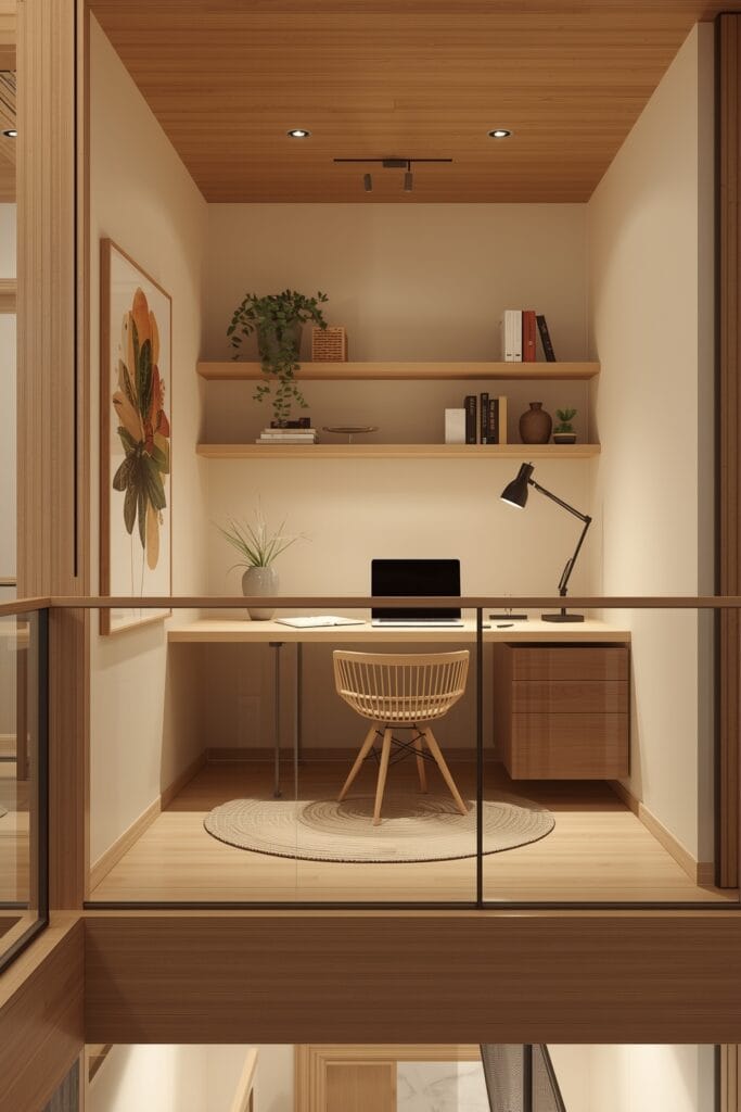 Mezzanine aménagée en espace de travail bureau avec bureau compact, étagères flottantes, plantes et éclairage optimal.