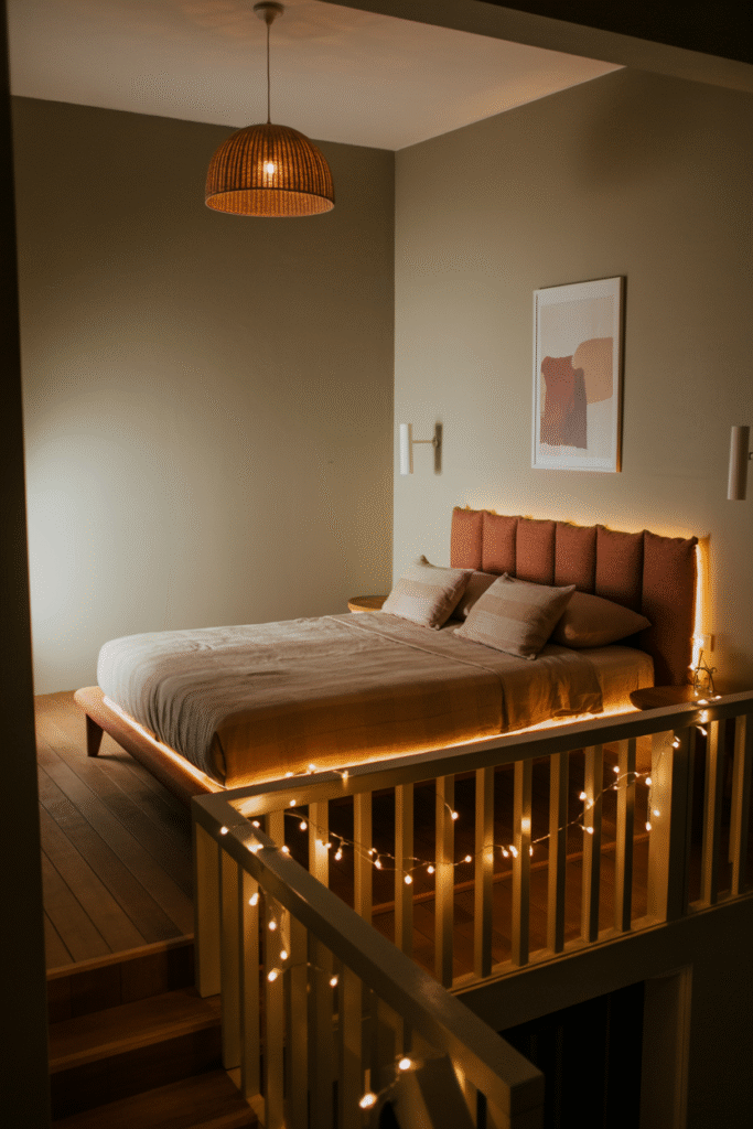 Mezzanine avec éclairage apaisant comprenant suspension, appliques murales, guirlandes lumineuses et LEDs intégrées