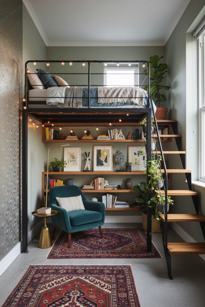 Mezzanine dans une chambre d’adulte avec lit en hauteur, coin lecture et éclairage cosy