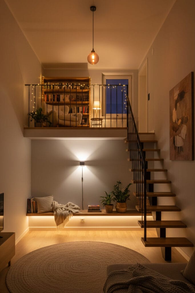 Mezzanine avec luminaires suspendus, guirlandes et lampes