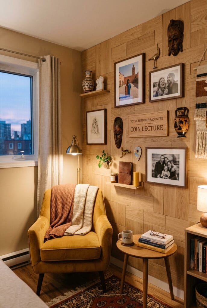 Décoration murale bois personnalisée avec cadres et objets uniques