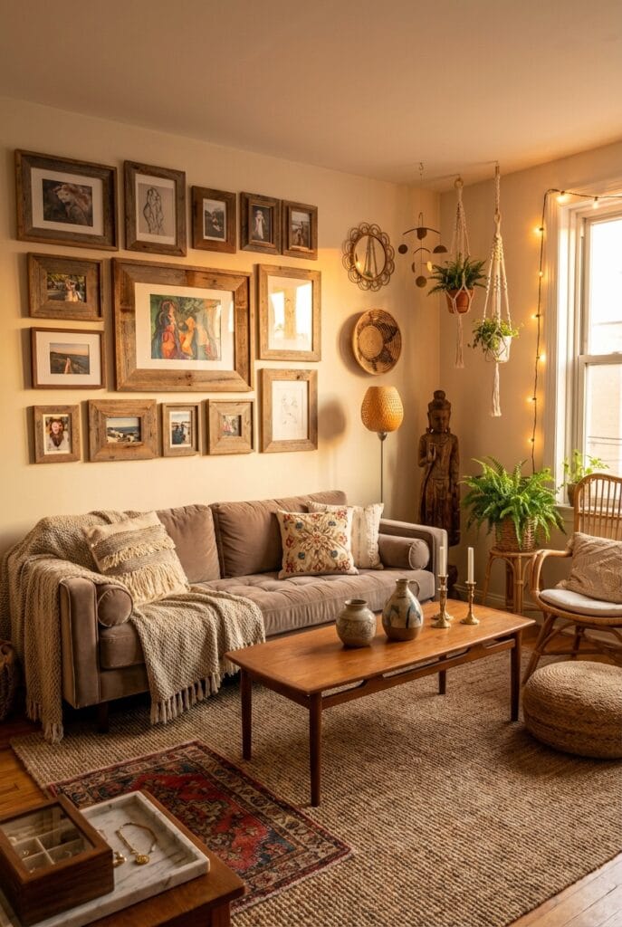 décoration murale bois avec plusieurs cadres créant une ambiance chaleureuse et harmonieuse