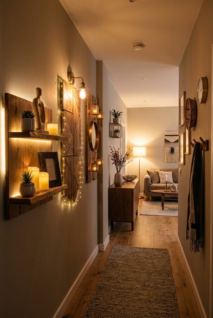 décoration murale bois dans une ambiance douce avec éclairage tamisé pour une atmosphère relaxante