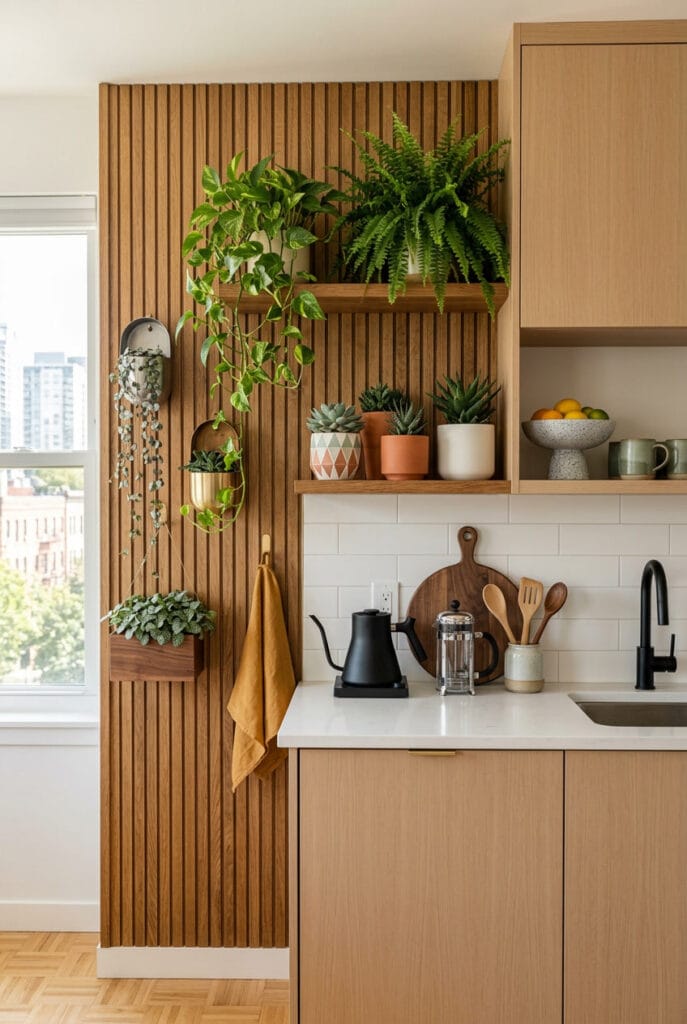 décoration murale bois intégrant des plantes pour créer une ambiance naturelle et vivante