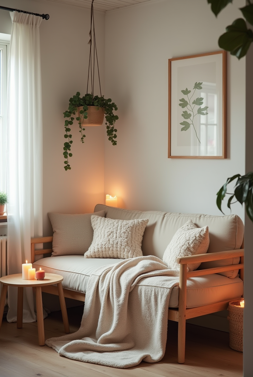 Un espace petit et cosy inspiré du hygge danois, avec des meubles en bois naturel, un éclairage doux, et des éléments décoratifs minimalistes créant une ambiance chaleureuse et apaisante.