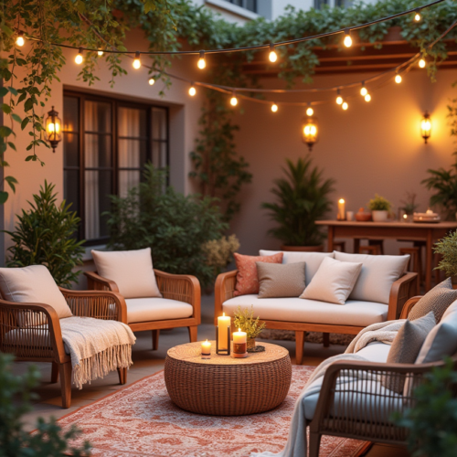 Aménagement Terrasse: Terrasse extérieure cosy avec meubles en bois et rotin, décorée de textiles doux et éclairée par des guirlandes lumineuses.
