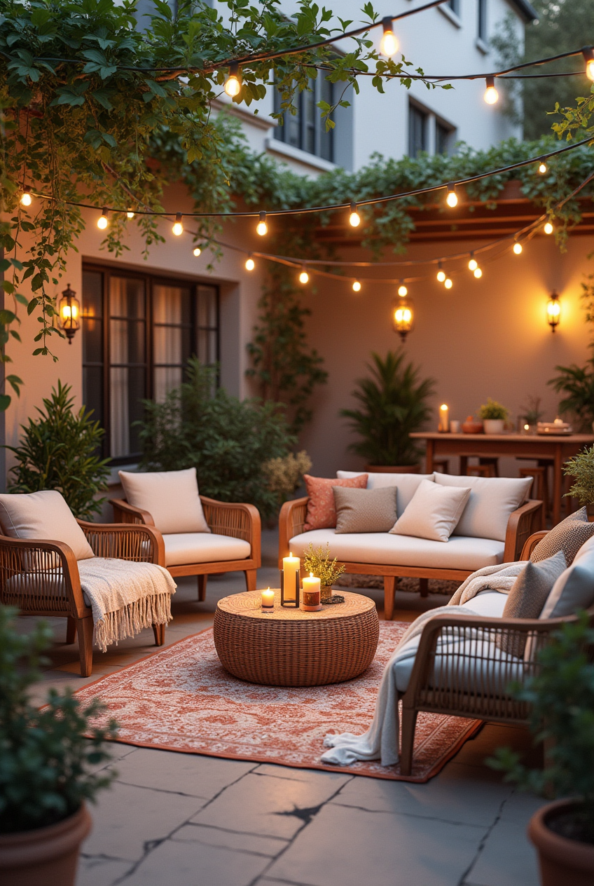 Aménagement Terrasse: Terrasse extérieure cosy avec meubles en bois et rotin, décorée de textiles doux et éclairée par des guirlandes lumineuses.