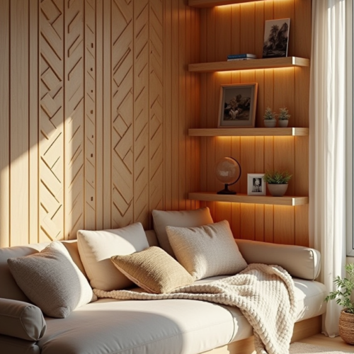 Décoration Murale Bois : Intérieur cosy avec un mur en bois géométrique et éléments décoratifs chaleureux.