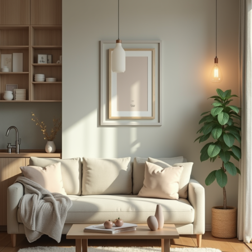 Rénover un Appartement : Un salon cosy rénové avec des matériaux naturels, un éclairage doux et une décoration harmonieuse.